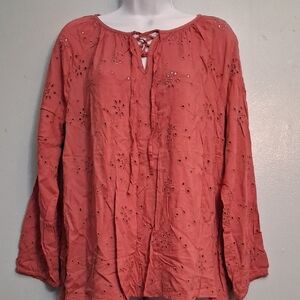 Sonoma size Large Petite women's blouse long sleeves coral pink eyelet design.
